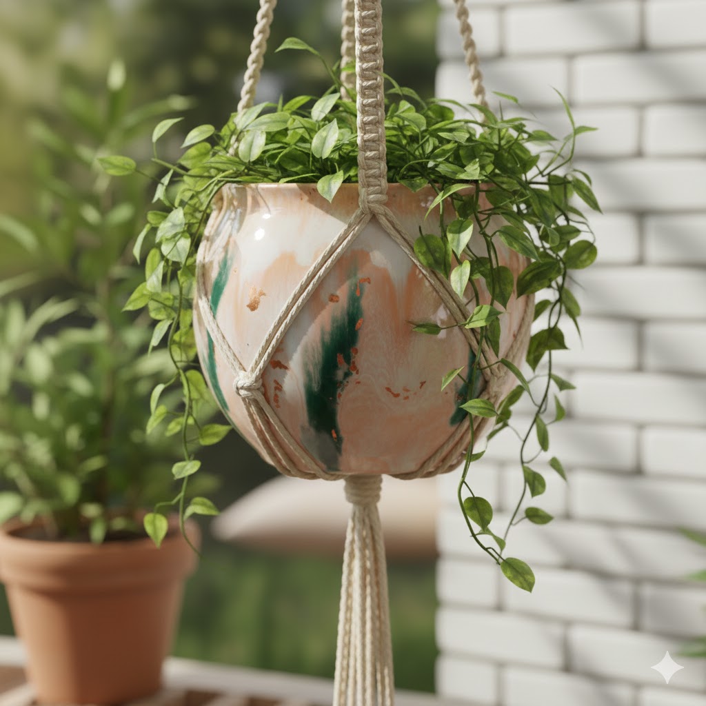 Natural macrame plant hanger with woven design