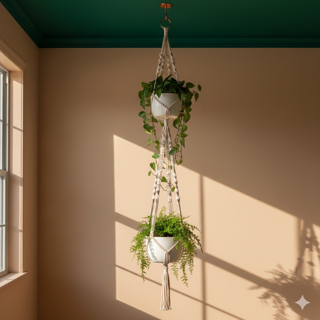 Long macrame plant hanger with intricate knotting