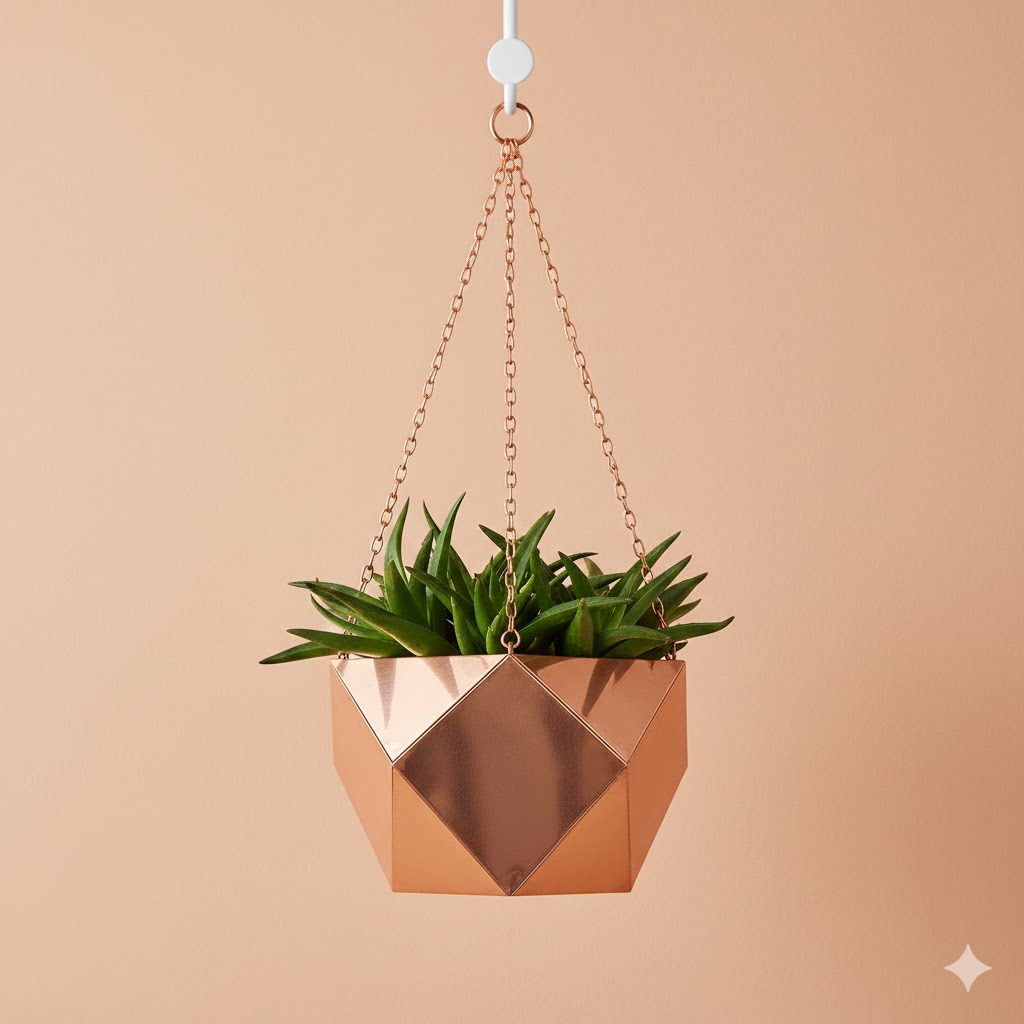 Copper metallic hanging planter with geometric design