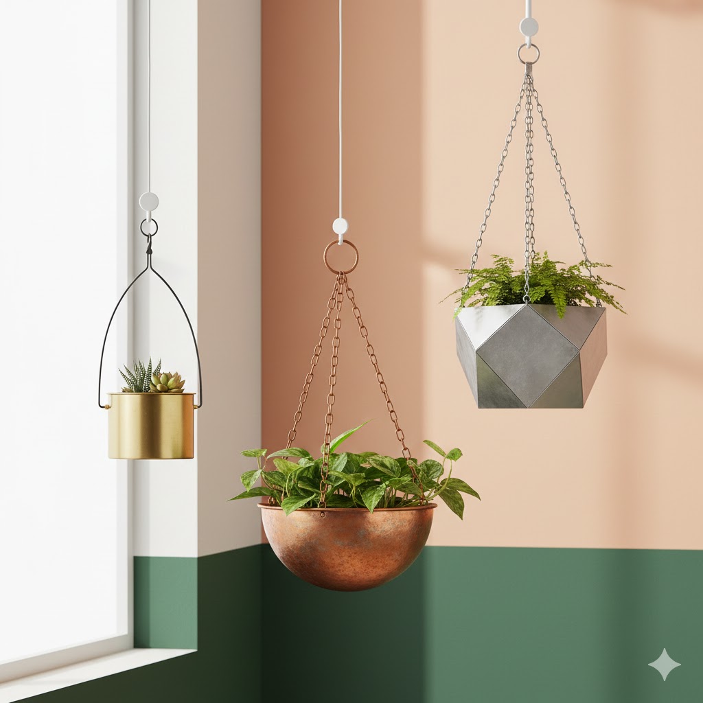 Mixed metal hanging planter set